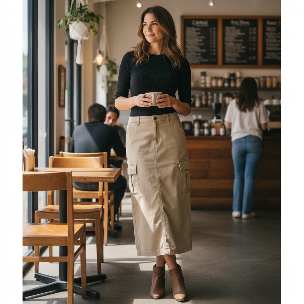 Polo Jeans Ralph Lauren Cargo Maxi Skirt 6 Cotton Khaki Tan Y2K Utility Gorpcore